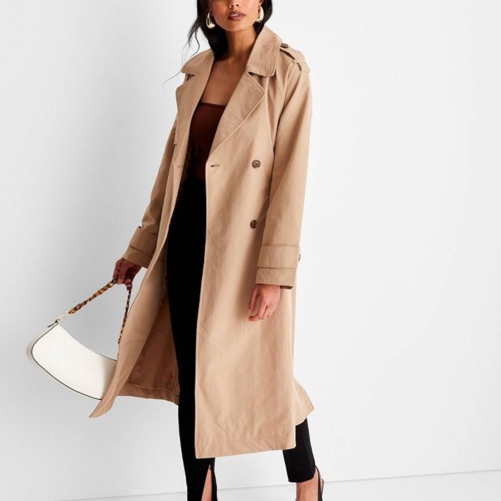 Tan beige button front belted midi trench coat - Picture 4 of 8